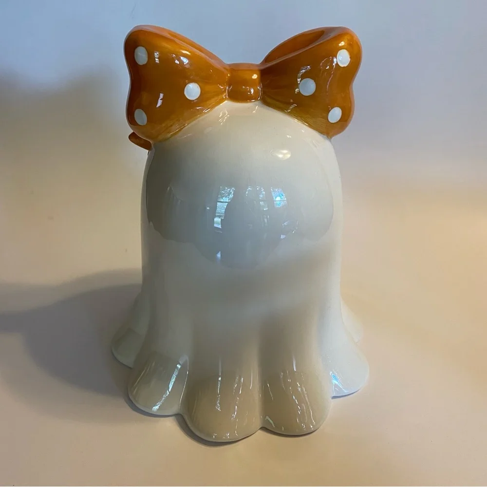 Cute Ceramic Kawaii Ghost Figurine with Orange Polka Dot Bow Halloween Decor New